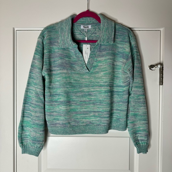 NEW 525 AMERICA lattice split neck collar pull over in cyan multi - Picture 11 of 15